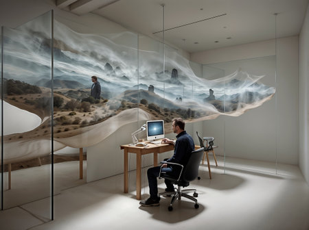 Businessman in modern office interior with abstract cloudscape. Mixed mediaの素材