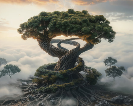 Fantasy tree in the fog. 3D illustrationの素材