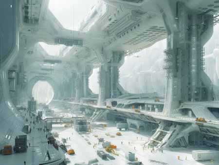 Futuristic space station on a foggy day. 3d rendering.の素材