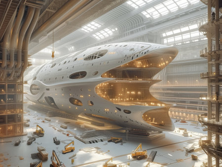 3D rendering of a futuristic space station in the hangar during construction.の素材