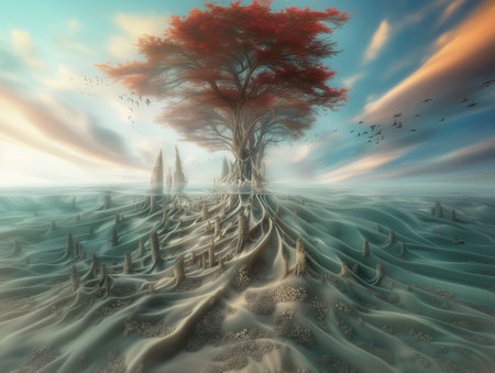 Fantasy landscape with tree in the sea. 3D illustration.の素材