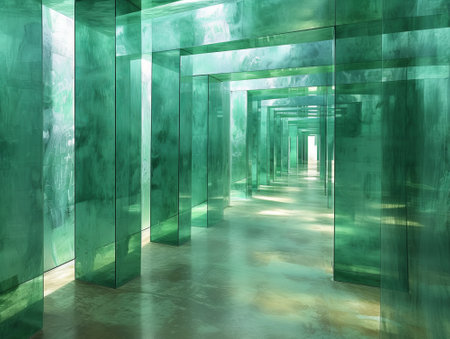 Abstract green corridor interior with glass doors and reflections. 3D Renderingの素材