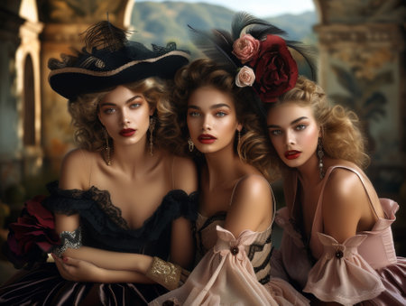 3d rendering of three beautiful young women in vintage dresses. Beauty, fashion.の素材