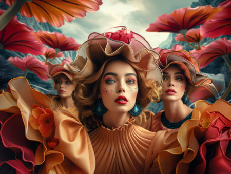 Three beautiful girls in a hat with flowers in a surreal scenery. Stylized 3d rendering.の素材