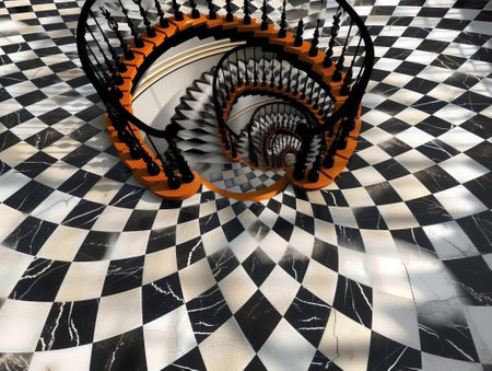 3d rendering of a spiral staircase in a room with black and white tilesの素材