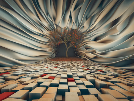 abstract 3d illustration of a tree in a tunnel made of cubesの素材