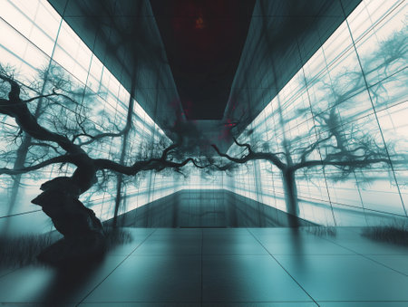 3D rendering of a futuristic corridor with abstract trees and luminous walls.の素材