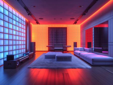 Interior of a modern living room with neon lights. 3D rendering.の素材