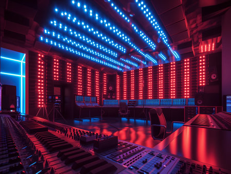 3d rendering of a sound recording studio with led lights and equipmentの素材