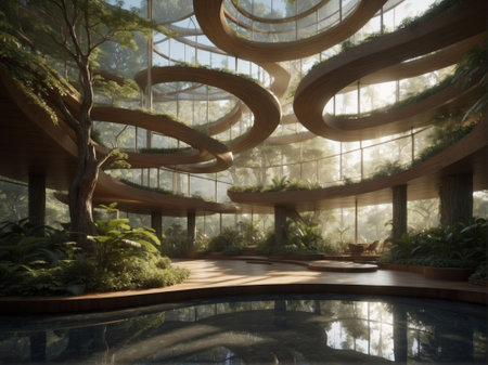 3D rendering of a modern entrance hall with a lot of plants and a pond.の素材