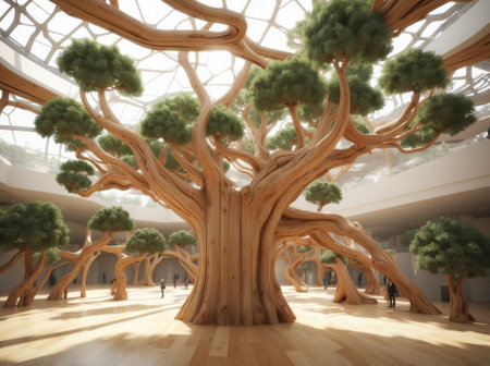 3d rendering of a big tree in the interior of a modern buildingの素材