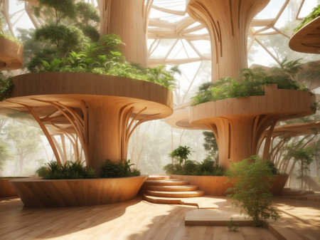 3D rendering of a luminous atrium with biomorphic architecture.の素材