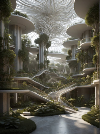 3D rendering of a futuristic building with stairs and fernsの素材