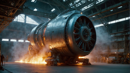Turbine in a factory for the production of aircraft. 3D Rendering.の素材