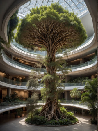 3D rendering of a modern atrium with a big tree in the center.の素材