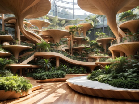 interior of a modern biomorphic hall with wood and greenery. 3d rendering.の素材