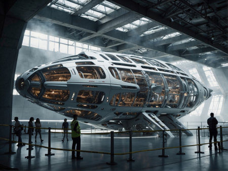 Futuristic exhibition with a fantasy spacecraft on display. 3D Rendering.の素材