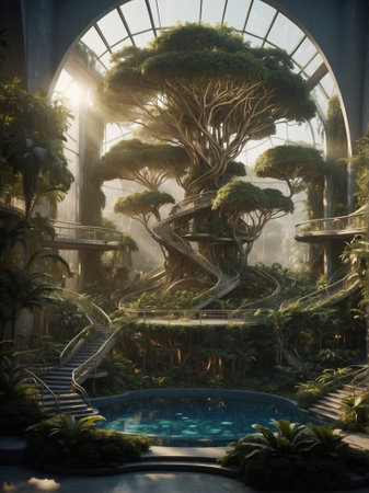 Fantasy indoor garden with ferns and trees in the sunlight. 3D Rendering.の素材