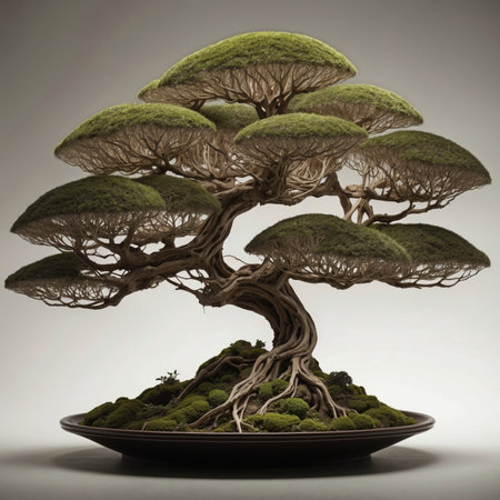 Beautiful old bonsai tree on a gray background. 3D Rendering.の素材