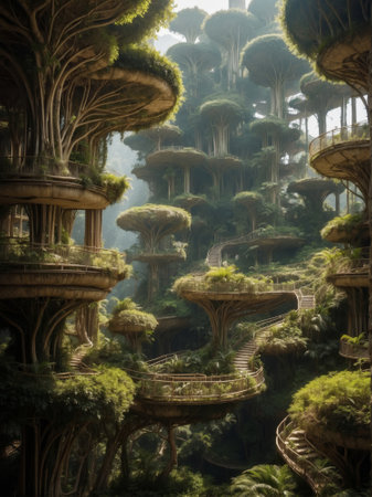 Fantasy landscape with green plants and biomorphic architecture in a botanical garden. 3D Rendering.の素材