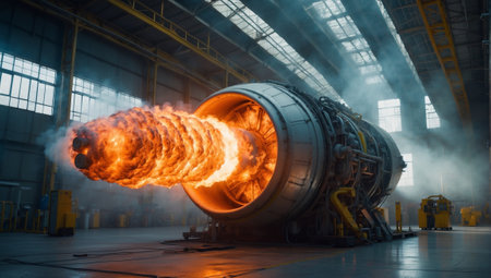Rocket Propulsion test in a factory. 3d Rendering.の素材