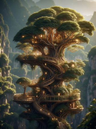 Fairy-tale tree in the mountains. 3D rendering.の素材