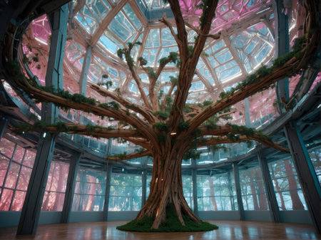 Interior of Expo with abstract tree sculpture. 3D Rendering.の素材