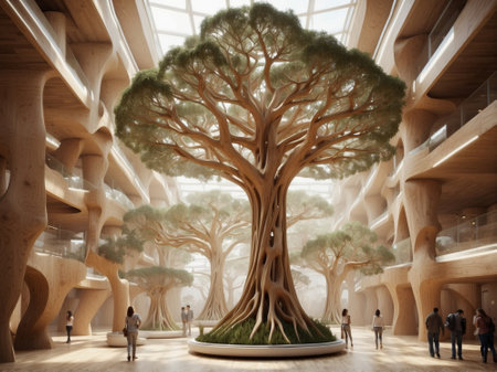 3d rendering of a giant tree in the interior of a modern building.の素材