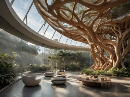 3d render of a modern interior living room with a big wooden structure.の素材