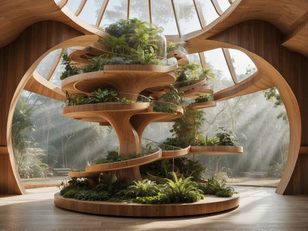 Abstract modern wood structure with natural green plants. 3d renderの素材
