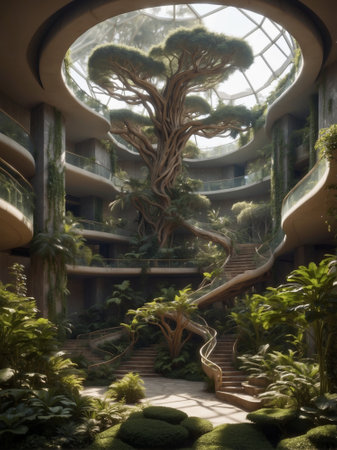Luxury forecourt with lush greenery, a tree and wooden staircases. 3d Rendering.の素材