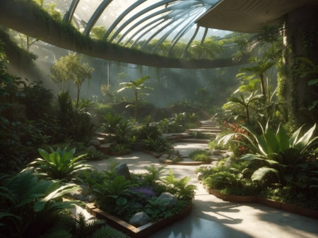 Tropical plants in a botanical garden. Nature and environment concept. 3D Rendering.の素材