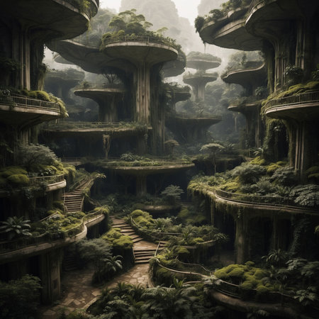 Fantasy landscape with stone terraces and trees in the jungle. 3d renderingの素材