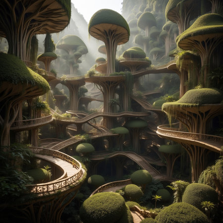 Fantasy landscape with trees and biomorphic sidewalks and bridges from wood. 3d rendering.の素材