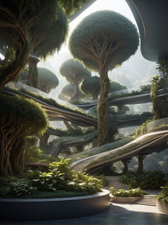 3D render of a fantasy landscape with trees and walkways.の素材