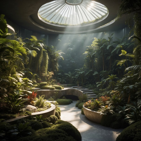 Luxury botanical garden with plants, ferns, and sunlight. 3D Rendering.の素材