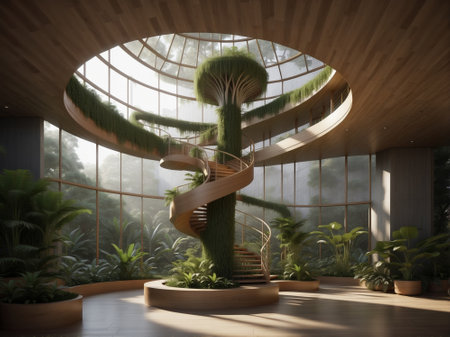 Interior of a modern building with green plants and a spiral staircase. 3d Rendering.の素材