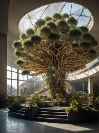 Interior of a corporate building with huge tree in the entrance hall. 3D Renderingの素材