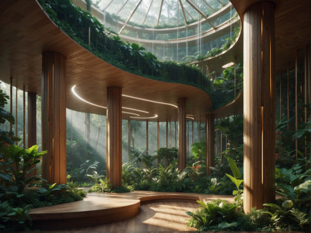 3d rendering of a beautiful green botanical garden with trees and plants.の素材