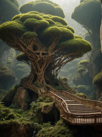 Garden in the form of a tree with a wooden staircase. 3D Rendering.の素材