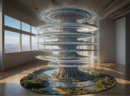 3D rendering of an abstract landscape with a tree in a roomの素材