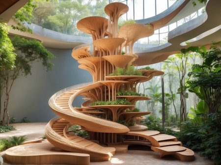 Wooden stairs in the garden. Modern architecture and interior design.の素材