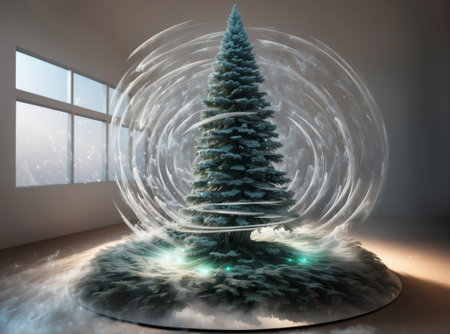 Christmas tree in the room with magical snow particles. 3d illustrationの素材
