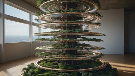 3d rendering of a modern interior with a tree in the foregroundの素材