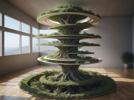 Bonsai tree in the room. 3D rendering. Computer digital drawing.の素材