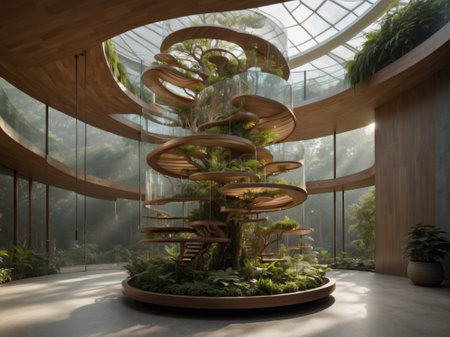 3D render of a garden with a tree in a glass houseの素材