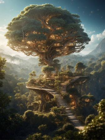 Lonely tree in the middle of the jungle. 3D renderingの素材
