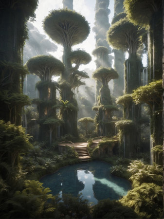Fantasy landscape with a pond in the jungle. Digital painting.の素材