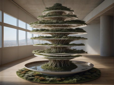 3D rendering of a bonsai tree in a modern interiorの素材