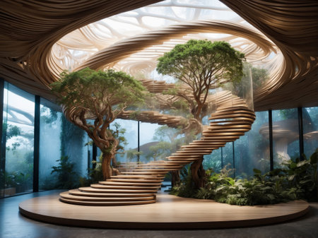 3D rendering of the interior of a botanical garden with treesの素材